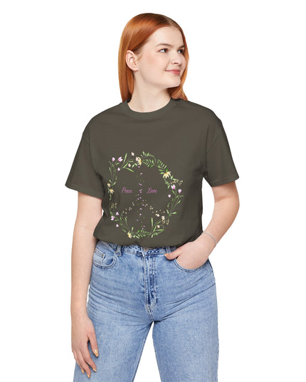 Hibiscus Hippie Boho Designed Floral Peace Sign T-Shirt — 'Peace & Love' in Multicolor Choice Tees