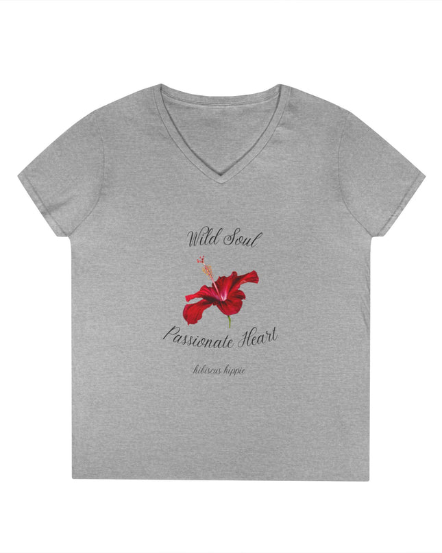 Ladies' V-Neck T-Shirt — "Wild Soul, Passionate Heart" Red Floral Graphic