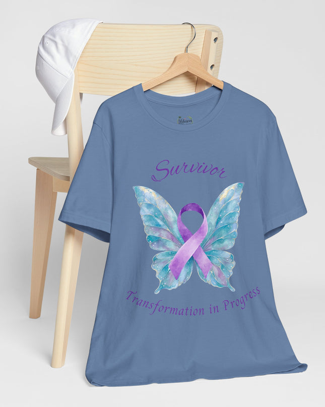 Domestic Violence Awareness Shirt | Survivor Teal and Purple Ribbon Butterfly Tee | Abuse Survivor Gift, Transformation in Progress Graphic T-Shirt, Empowering Healing Support Clothing
