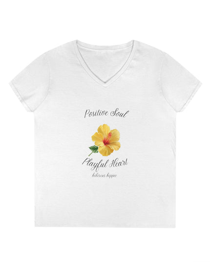 Ladies' V-Neck T-Shirt — "Positive Soul, Playful Heart" Yellow Floral Graphic