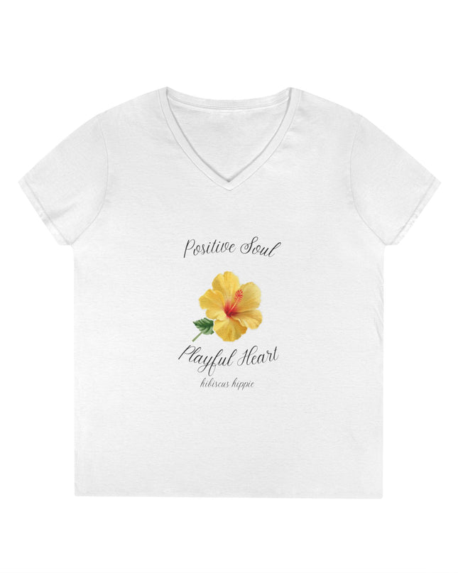 Ladies' V-Neck T-Shirt — "Positive Soul, Playful Heart" Yellow Floral Graphic