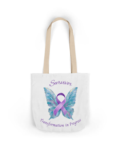 Domestic Violence Survivor Tote Bag | Teal and Purple Ribbon Butterfly Canvas Shopping Bag | Abuse Survivor Gift, Transformation in Progress Everyday Carrying Bag, Empowering Healing Reusable Grocery Bag