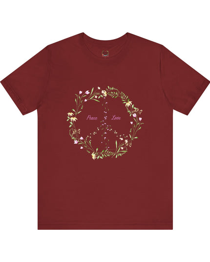 Hibiscus Hippie Boho Designed Floral Peace Sign T-Shirt — 'Peace & Love' in Multicolor Choice Tees