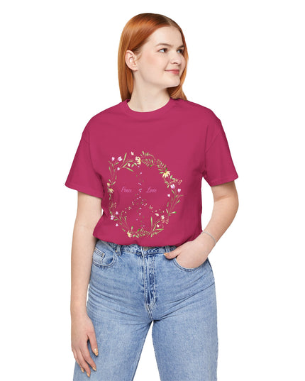 Hibiscus Hippie Boho Designed Floral Peace Sign T-Shirt — 'Peace & Love' in Multicolor Choice Tees