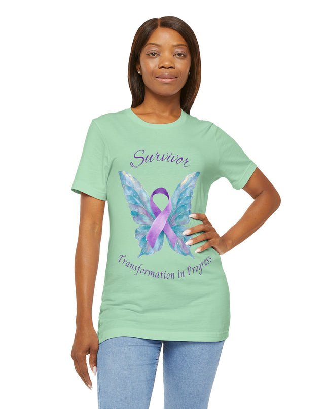 Domestic Violence Awareness Shirt | Survivor Teal and Purple Ribbon Butterfly Tee | Abuse Survivor Gift, Transformation in Progress Graphic T-Shirt, Empowering Healing Support Clothing