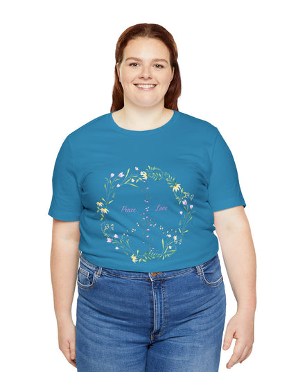 Hibiscus Hippie Boho Designed Floral Peace Sign T-Shirt — 'Peace & Love' in Multicolor Choice Tees