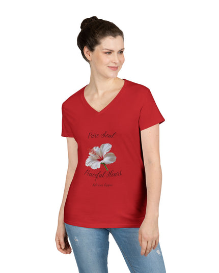 Ladies' V-Neck T-Shirt — "Pure Soul, Peaceful Heart" White Floral Graphic