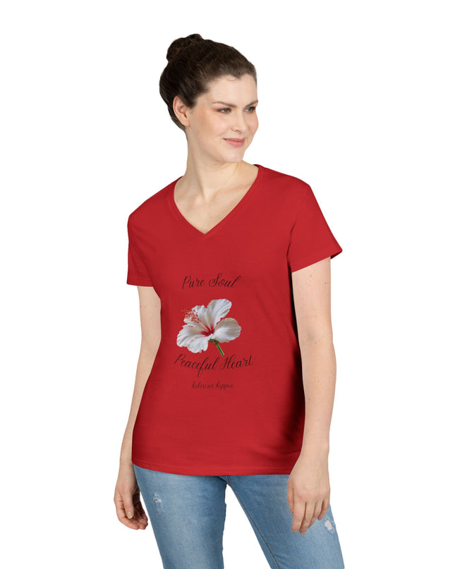 Ladies' V-Neck T-Shirt — "Pure Soul, Peaceful Heart" White Floral Graphic