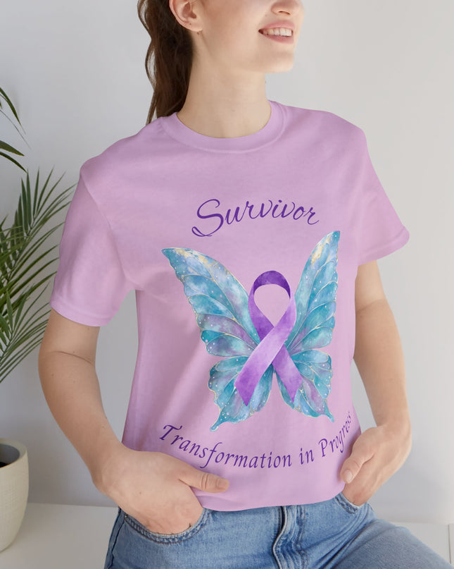 Domestic Violence Awareness Shirt | Survivor Teal and Purple Ribbon Butterfly Tee | Abuse Survivor Gift, Transformation in Progress Graphic T-Shirt, Empowering Healing Support Clothing