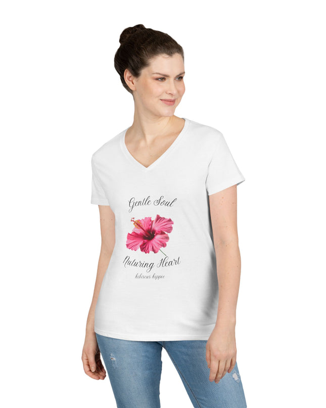 Ladies' V-Neck T-Shirt — "Gentle Soul, Nurturing Heart" Pink Floral Graphic