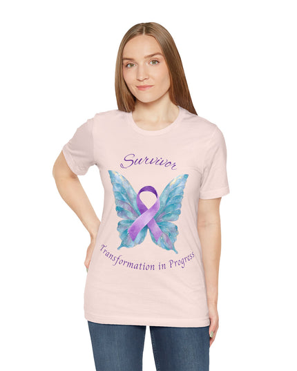 Domestic Violence Awareness Shirt | Survivor Teal and Purple Ribbon Butterfly Tee | Abuse Survivor Gift, Transformation in Progress Graphic T-Shirt, Empowering Healing Support Clothing