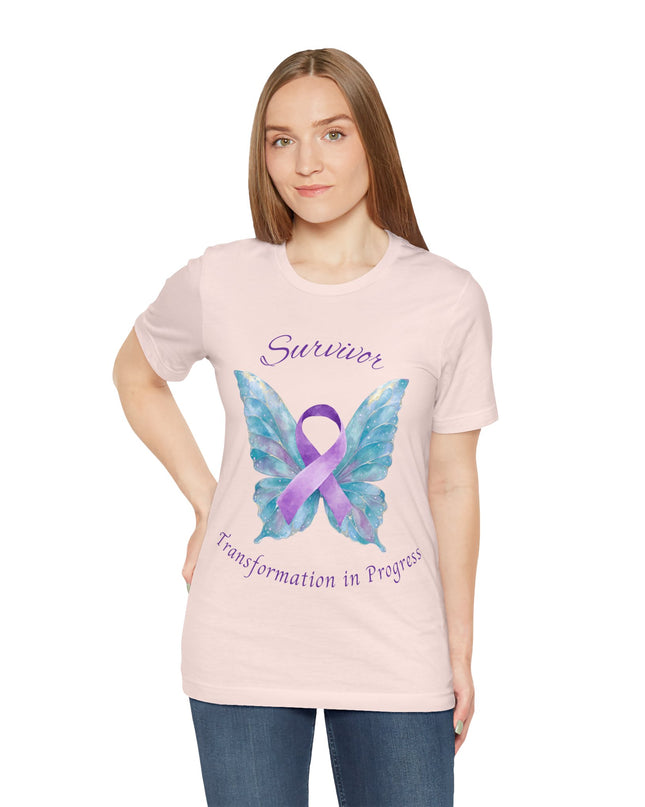 Domestic Violence Awareness Shirt | Survivor Teal and Purple Ribbon Butterfly Tee | Abuse Survivor Gift, Transformation in Progress Graphic T-Shirt, Empowering Healing Support Clothing