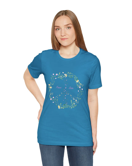 Hibiscus Hippie Boho Designed Floral Peace Sign T-Shirt — 'Peace & Love' in Multicolor Choice Tees