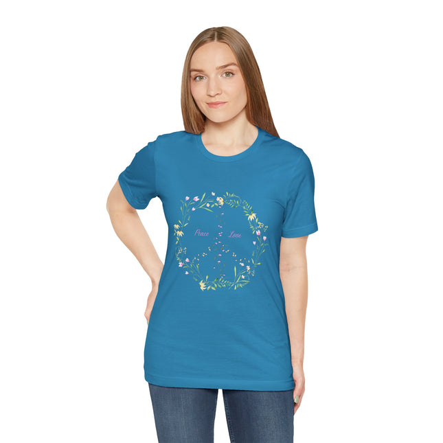 Hibiscus Hippie Boho Designed Floral Peace Sign T-Shirt — 'Peace & Love' in Multicolor Choice Tees