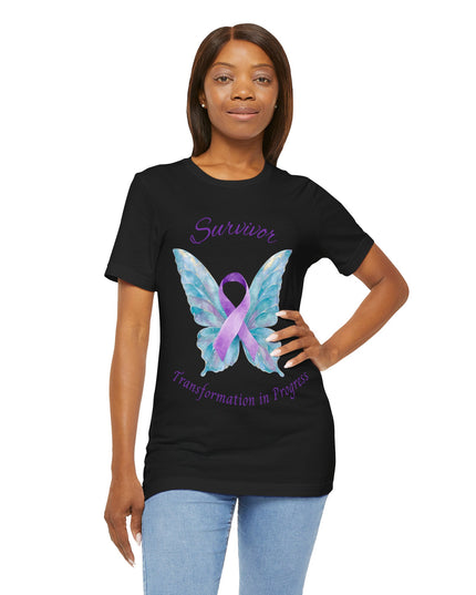 Domestic Violence Awareness Shirt | Survivor Teal and Purple Ribbon Butterfly Tee | Abuse Survivor Gift, Transformation in Progress Graphic T-Shirt, Empowering Healing Support Clothing