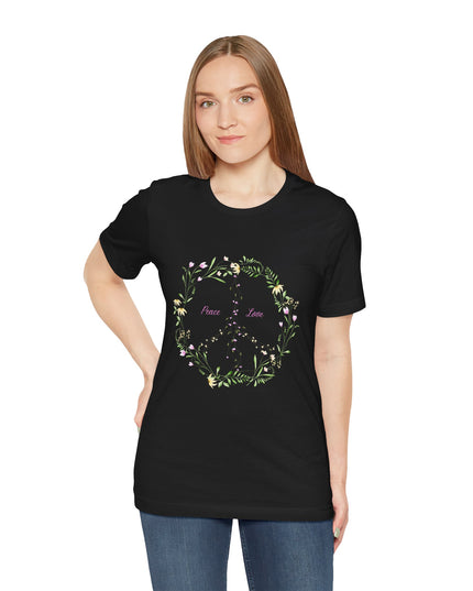 Hibiscus Hippie Boho Designed Floral Peace Sign T-Shirt — 'Peace & Love' in Multicolor Choice Tees