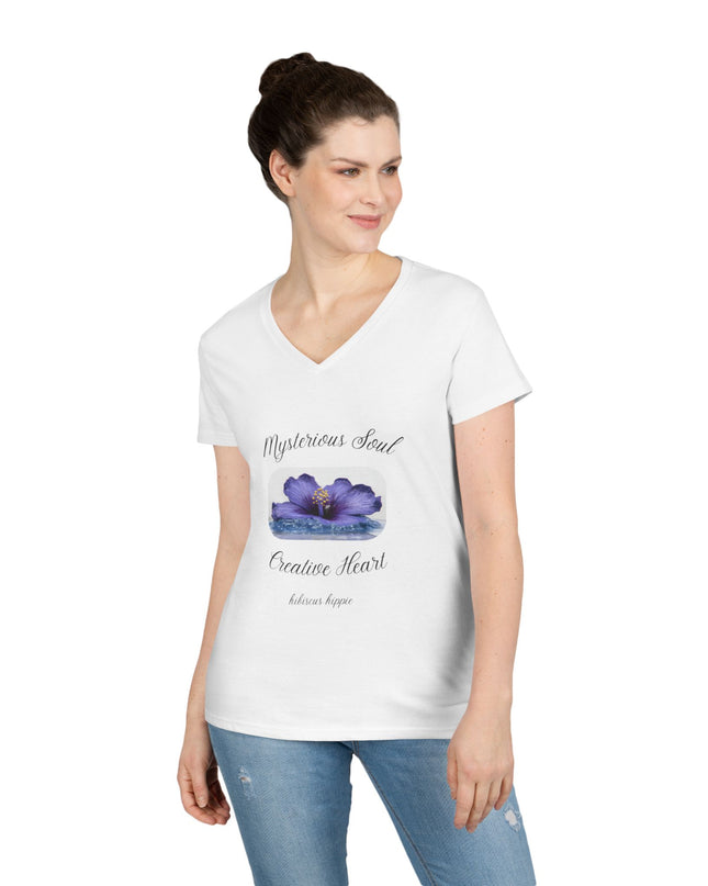 Ladies' V-Neck T-Shirt — "Mysterious Soul, Creative Heart" Purple Floral Graphic