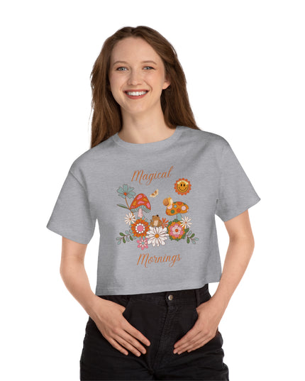 Hibiscus Hippie Designed Magical Mornings Mushrooms and Flowers Peace Cropped T-Shirt | whimsical botanical design
