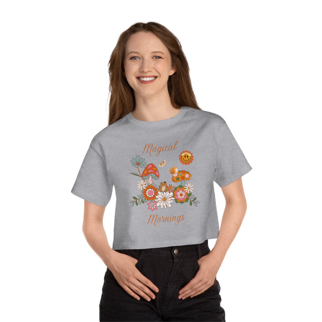 Hibiscus Hippie Designed Magical Mornings Mushrooms and Flowers Peace Cropped T-Shirt | whimsical botanical design