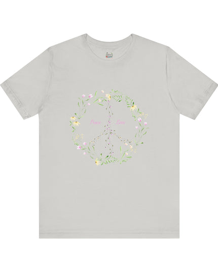 Hibiscus Hippie Boho Designed Floral Peace Sign T-Shirt — 'Peace & Love' in Multicolor Choice Tees