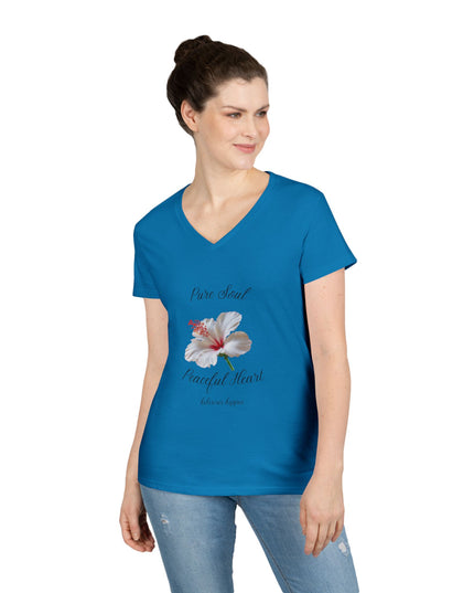 Ladies' V-Neck T-Shirt — "Pure Soul, Peaceful Heart" White Floral Graphic