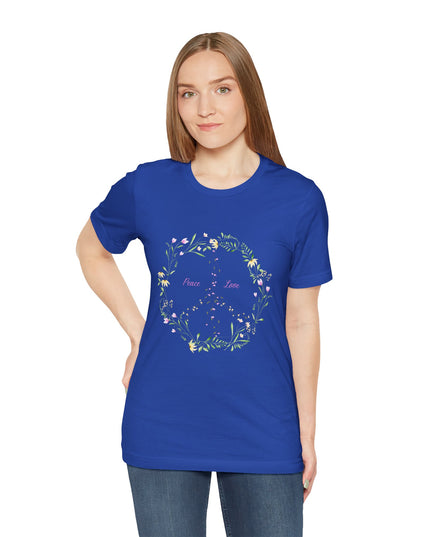 Hibiscus Hippie Boho Designed Floral Peace Sign T-Shirt — 'Peace & Love' in Multicolor Choice Tees