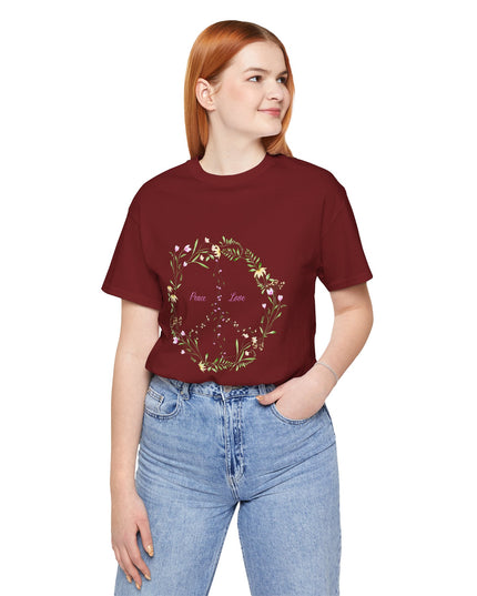 Hibiscus Hippie Boho Designed Floral Peace Sign T-Shirt — 'Peace & Love' in Multicolor Choice Tees
