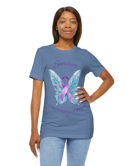 Domestic Violence Awareness Shirt | Survivor Teal and Purple Ribbon Butterfly Tee | Abuse Survivor Gift, Transformation in Progress Graphic T-Shirt, Empowering Healing Support Clothing