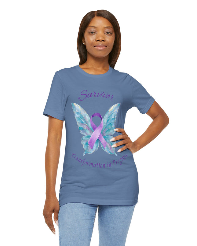 Domestic Violence Awareness Shirt | Survivor Teal and Purple Ribbon Butterfly Tee | Abuse Survivor Gift, Transformation in Progress Graphic T-Shirt, Empowering Healing Support Clothing