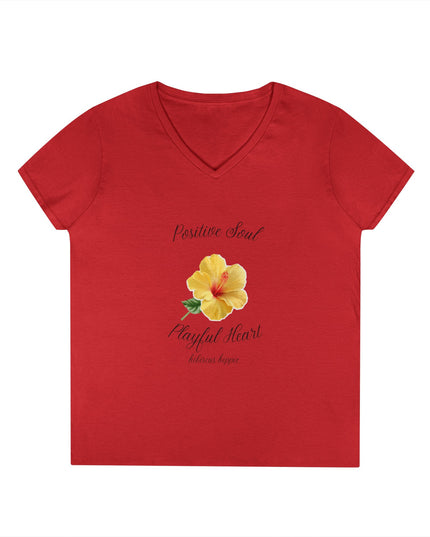 Ladies' V-Neck T-Shirt — "Positive Soul, Playful Heart" Yellow Floral Graphic