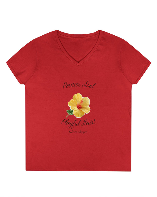 Ladies' V-Neck T-Shirt — "Positive Soul, Playful Heart" Yellow Floral Graphic