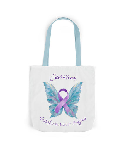 Domestic Violence Survivor Tote Bag | Teal and Purple Ribbon Butterfly Canvas Shopping Bag | Abuse Survivor Gift, Transformation in Progress Everyday Carrying Bag, Empowering Healing Reusable Grocery Bag