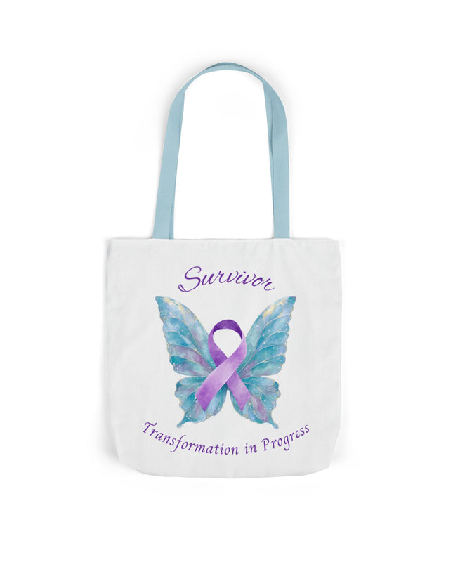 Domestic Violence Survivor Tote Bag | Teal and Purple Ribbon Butterfly Canvas Shopping Bag | Abuse Survivor Gift, Transformation in Progress Everyday Carrying Bag, Empowering Healing Reusable Grocery Bag