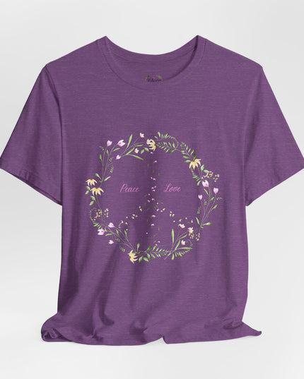 Hibiscus Hippie Boho Designed Floral Peace Sign T-Shirt — 'Peace & Love' in Multicolor Choice Tees