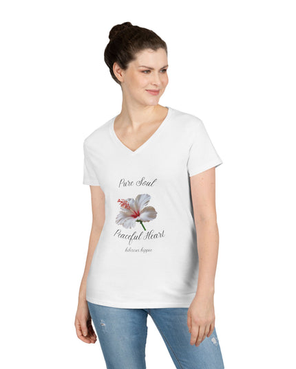 Ladies' V-Neck T-Shirt — "Pure Soul, Peaceful Heart" White Floral Graphic