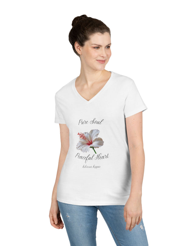 Ladies' V-Neck T-Shirt — "Pure Soul, Peaceful Heart" White Floral Graphic