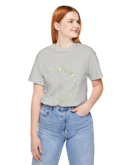Hibiscus Hippie Boho Designed Floral Peace Sign T-Shirt — 'Peace & Love' in Multicolor Choice Tees