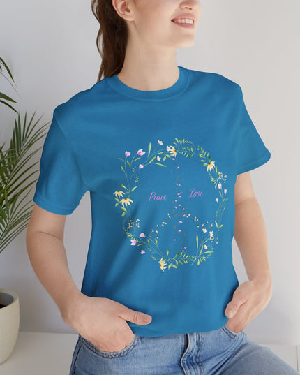 Hibiscus Hippie Boho Designed Floral Peace Sign T-Shirt — 'Peace & Love' in Multicolor Choice Tees