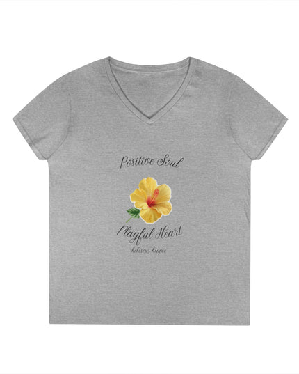 Ladies' V-Neck T-Shirt — "Positive Soul, Playful Heart" Yellow Floral Graphic