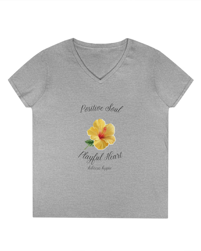 Ladies' V-Neck T-Shirt — "Positive Soul, Playful Heart" Yellow Floral Graphic