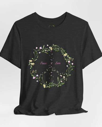 Hibiscus Hippie Boho Designed Floral Peace Sign T-Shirt — 'Peace & Love' in Multicolor Choice Tees