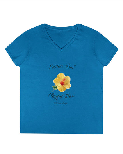 Ladies' V-Neck T-Shirt — "Positive Soul, Playful Heart" Yellow Floral Graphic