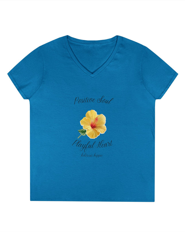Ladies' V-Neck T-Shirt — "Positive Soul, Playful Heart" Yellow Floral Graphic