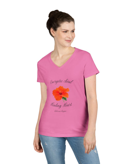 Ladies' V-Neck T-Shirt — "Energetic Soul, Healing Heart" Orange Floral Graphic