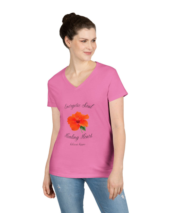 Ladies' V-Neck T-Shirt — "Energetic Soul, Healing Heart" Orange Floral Graphic