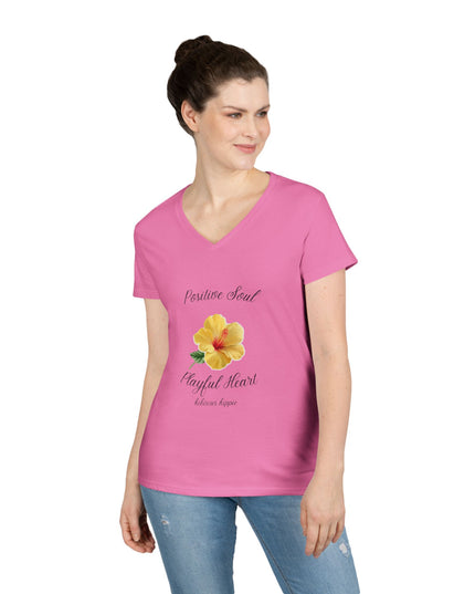 Ladies' V-Neck T-Shirt — "Positive Soul, Playful Heart" Yellow Floral Graphic