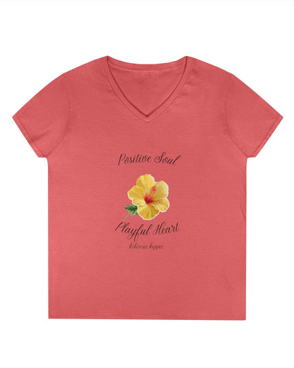Ladies' V-Neck T-Shirt — "Positive Soul, Playful Heart" Yellow Floral Graphic