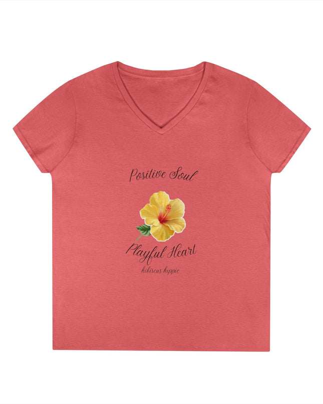 Ladies' V-Neck T-Shirt — "Positive Soul, Playful Heart" Yellow Floral Graphic