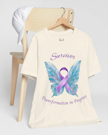 Domestic Violence Awareness Shirt | Survivor Teal and Purple Ribbon Butterfly Tee | Abuse Survivor Gift, Transformation in Progress Graphic T-Shirt, Empowering Healing Support Clothing