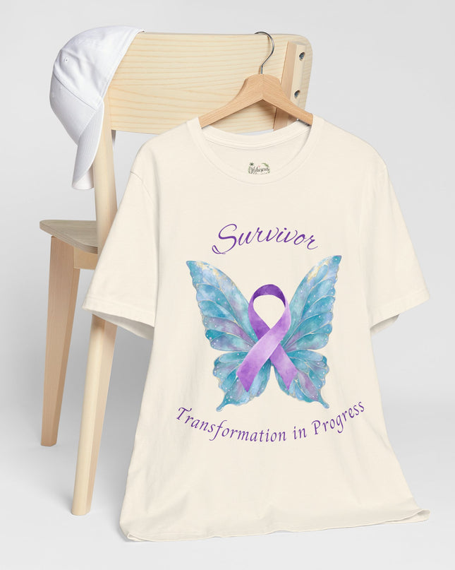 Domestic Violence Awareness Shirt | Survivor Teal and Purple Ribbon Butterfly Tee | Abuse Survivor Gift, Transformation in Progress Graphic T-Shirt, Empowering Healing Support Clothing